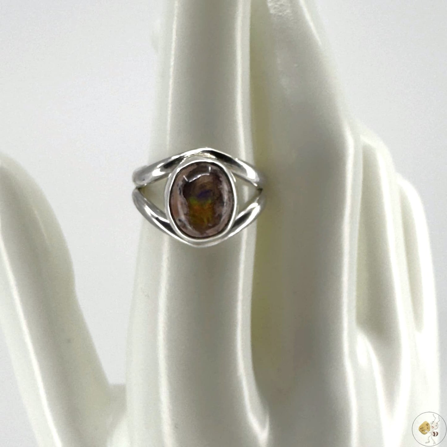 Bague en argent massif 925/950 avec opale aux reflets irisés verts et orangés – Formiga-Loca-04