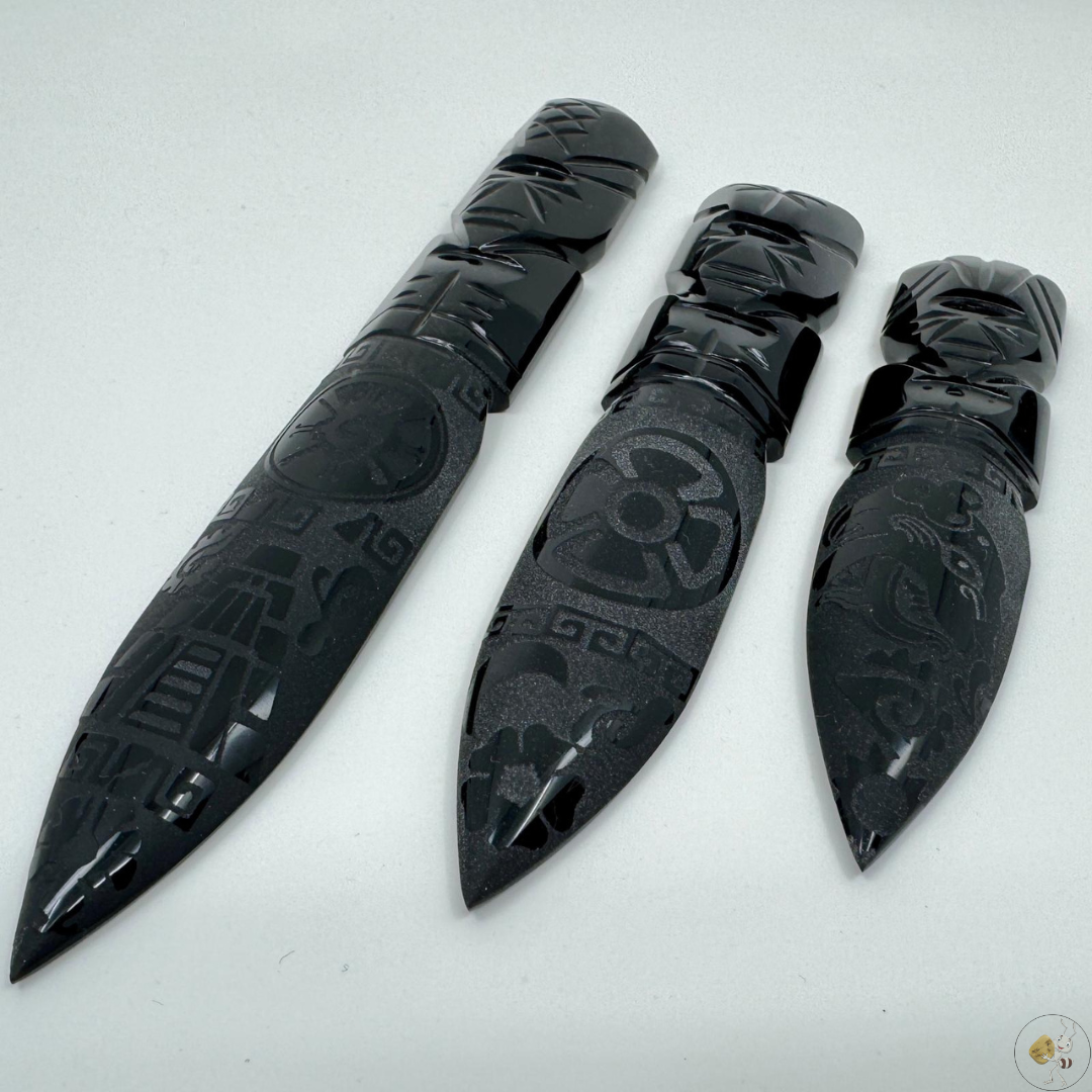 Dague gravée en obsidienne noire, 13 cm, 16 cm et 20 cm, lame sculptée artisanalement, pierre naturelle aux reflets profonds, artisanat mexicain