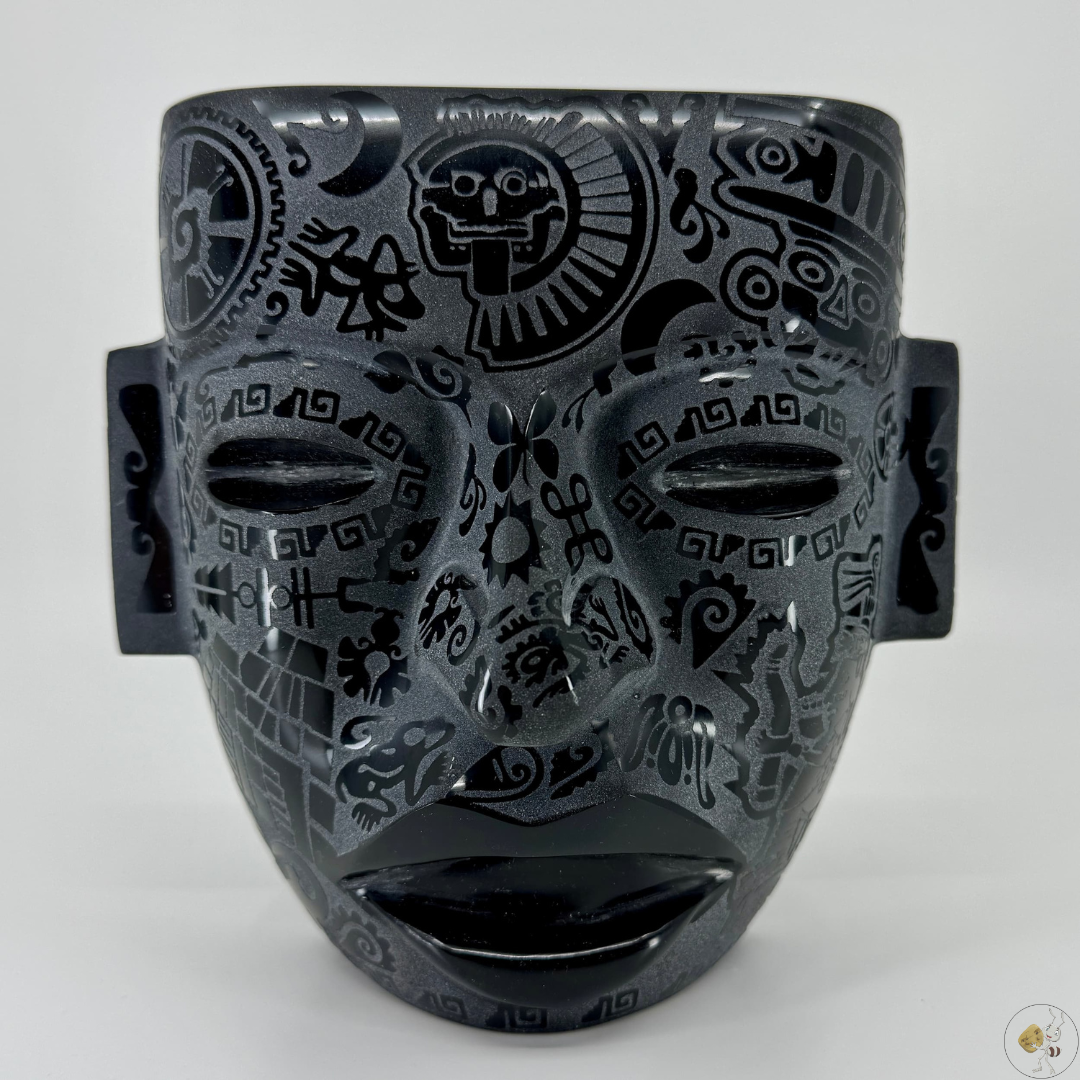 Masque gravé en obsidienne noire, 16 cm et 10 cm, sculpture artisanale mexicaine, pierre naturelle aux reflets profonds