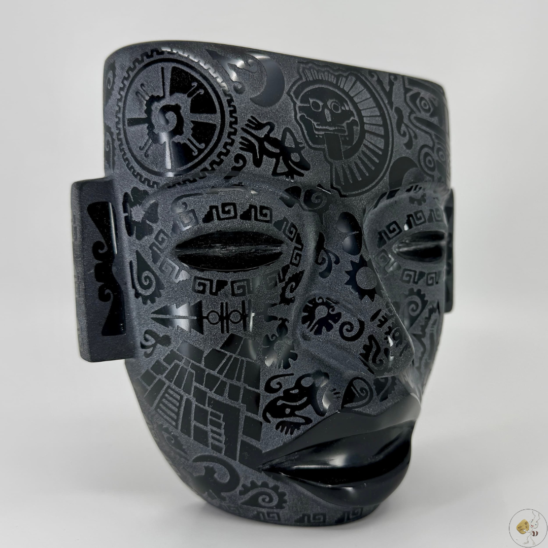 Masque gravé en obsidienne noire, 16 cm et 10 cm, sculpture artisanale mexicaine, pierre naturelle aux reflets profonds