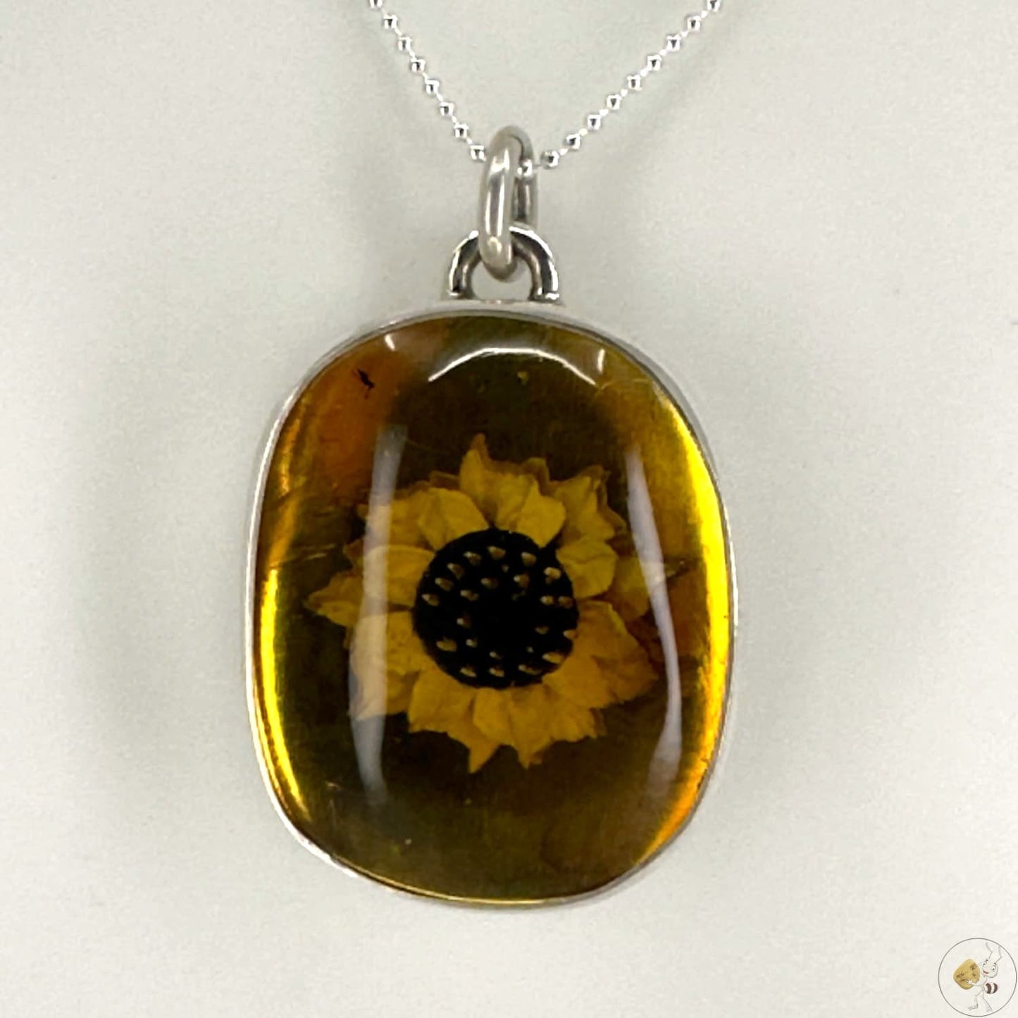Pendentif Ambre Gravé – Fleur de Tournesol & Argent 925/950-02