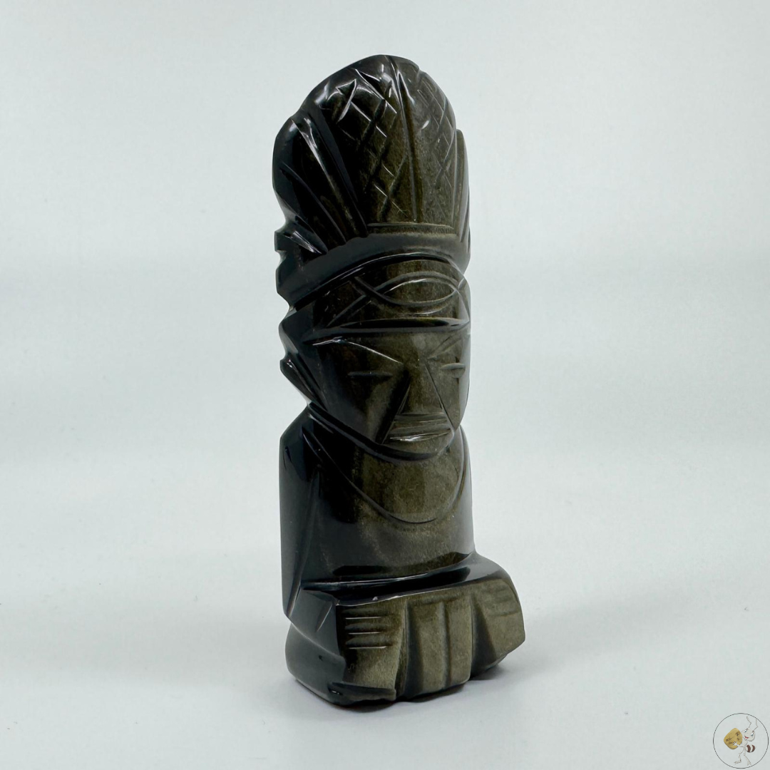 Statuette en obsidienne dorée sculptée, 8 cm et 10 cm, pierre naturelle aux reflets dorés, artisanat mexicain