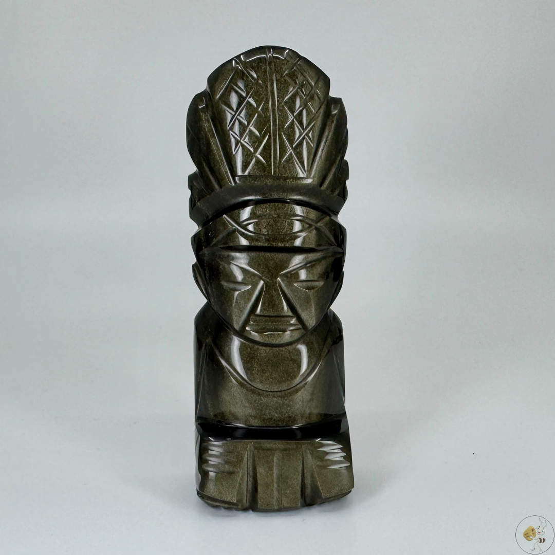 Statuette en obsidienne dorée sculptée, 8 cm et 10 cm, pierre naturelle aux reflets dorés, artisanat mexicain