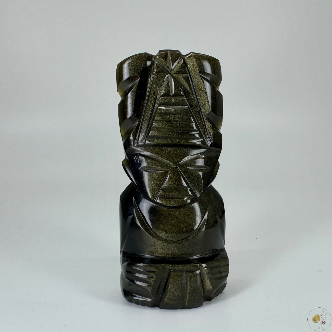 Statuette en obsidienne dorée sculptée, 8 cm et 10 cm, pierre naturelle aux reflets dorés, artisanat mexicain