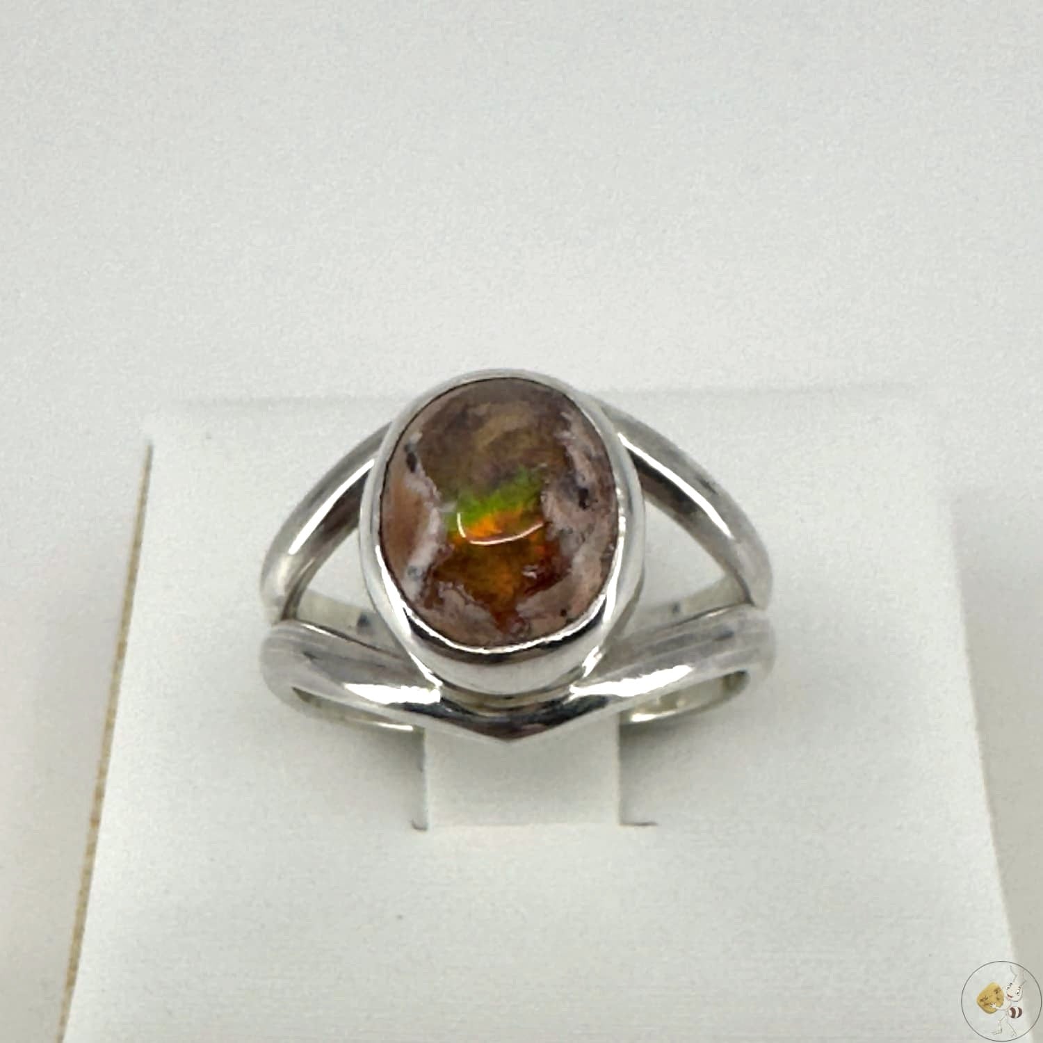 Bague en argent massif 925/950 avec opale aux reflets irisés verts et orangés – Formiga-Loca-02