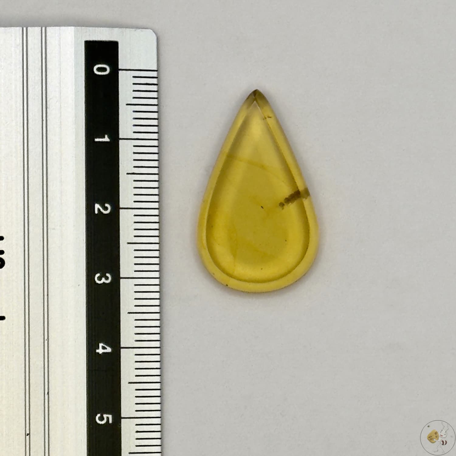 Cabochon en ambre jaune du Mexique, forme goutte, avec des inclusions naturelles et une finition polie. Présenté avec une règle pour référence