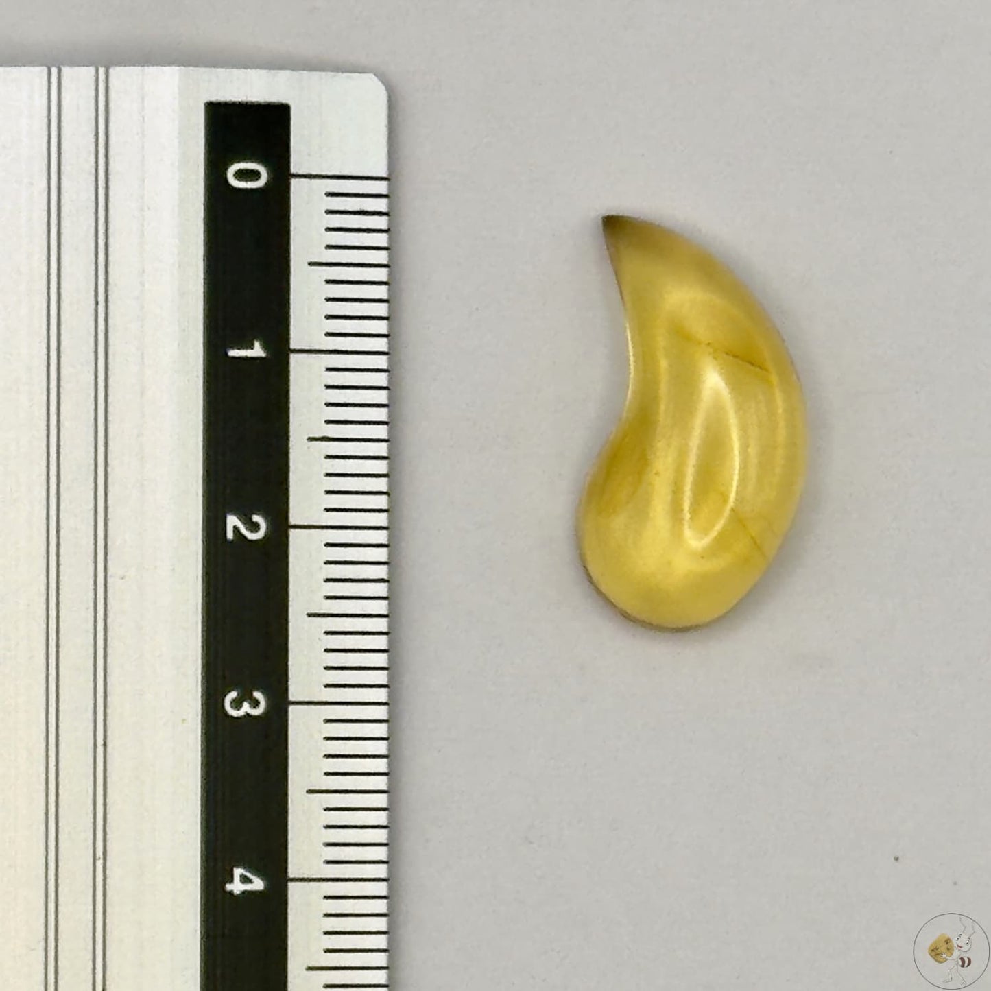 Cabochon en ambre jaune du Mexique, forme libre, avec des inclusions naturelles et une finition polie. Présenté avec une règle pour référence