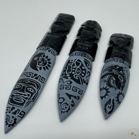 Dague gravée en obsidienne noire, 13 cm, 16 cm et 20 cm, lame sculptée artisanalement, pierre naturelle aux reflets profonds, artisanat mexicain