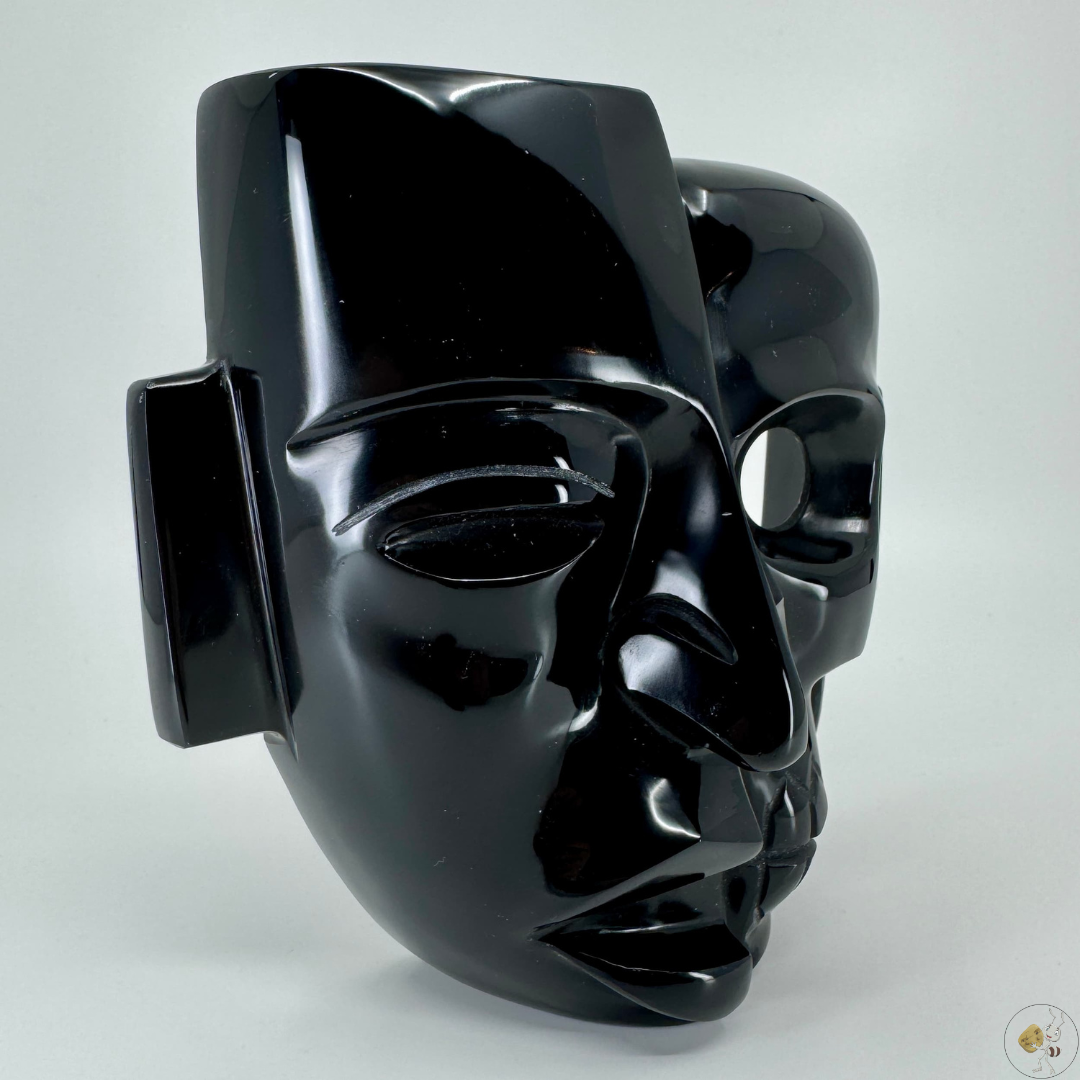 Masque Dual Vie et Mort en obsidienne noire, sculpture artisanale mexicaine, symbolisant la dualité entre la vie et la mort, pierre naturelle aux reflets profonds
