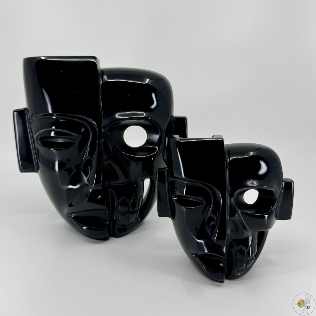 Masque Dual Vie et Mort en obsidienne noire, 10 cm et 16 cm, sculpture artisanale mexicaine, symbolisant la dualité entre la vie et la mort, pierre naturelle aux reflets profonds