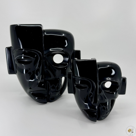 Masque Dual Vie et Mort en obsidienne noire, 10 cm et 16 cm, sculpture artisanale mexicaine, symbolisant la dualité entre la vie et la mort, pierre naturelle aux reflets profonds