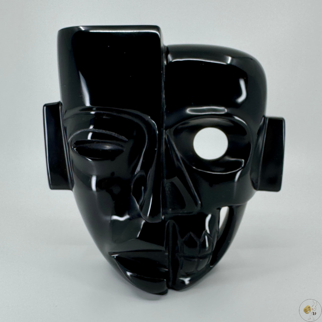Masque Dual Vie et Mort en obsidienne noire, sculpture artisanale mexicaine, symbolisant la dualité entre la vie et la mort, pierre naturelle aux reflets profonds
