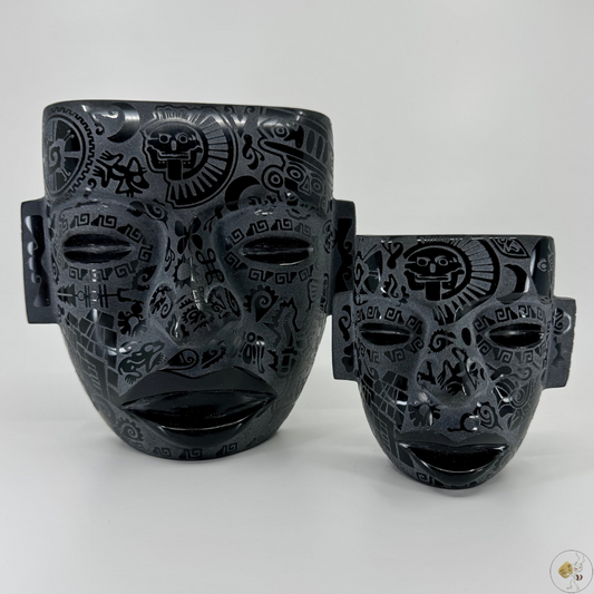 Masque gravé en obsidienne noire, 16 cm et 10 cm, sculpture artisanale mexicaine, pierre naturelle aux reflets profonds