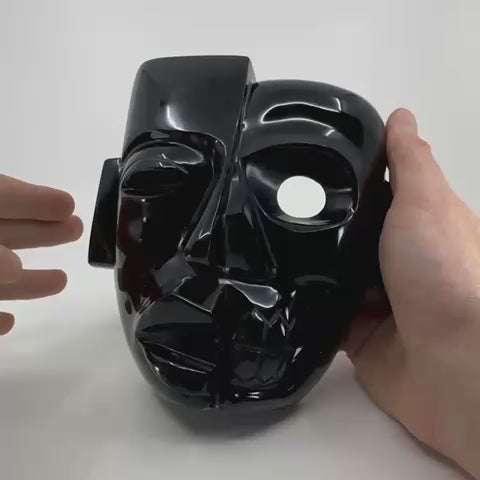 Masque Dual Vie et Mort en obsidienne noire, sculpture artisanale mexicaine, symbolisant la dualité entre la vie et la mort, pierre naturelle aux reflets profonds